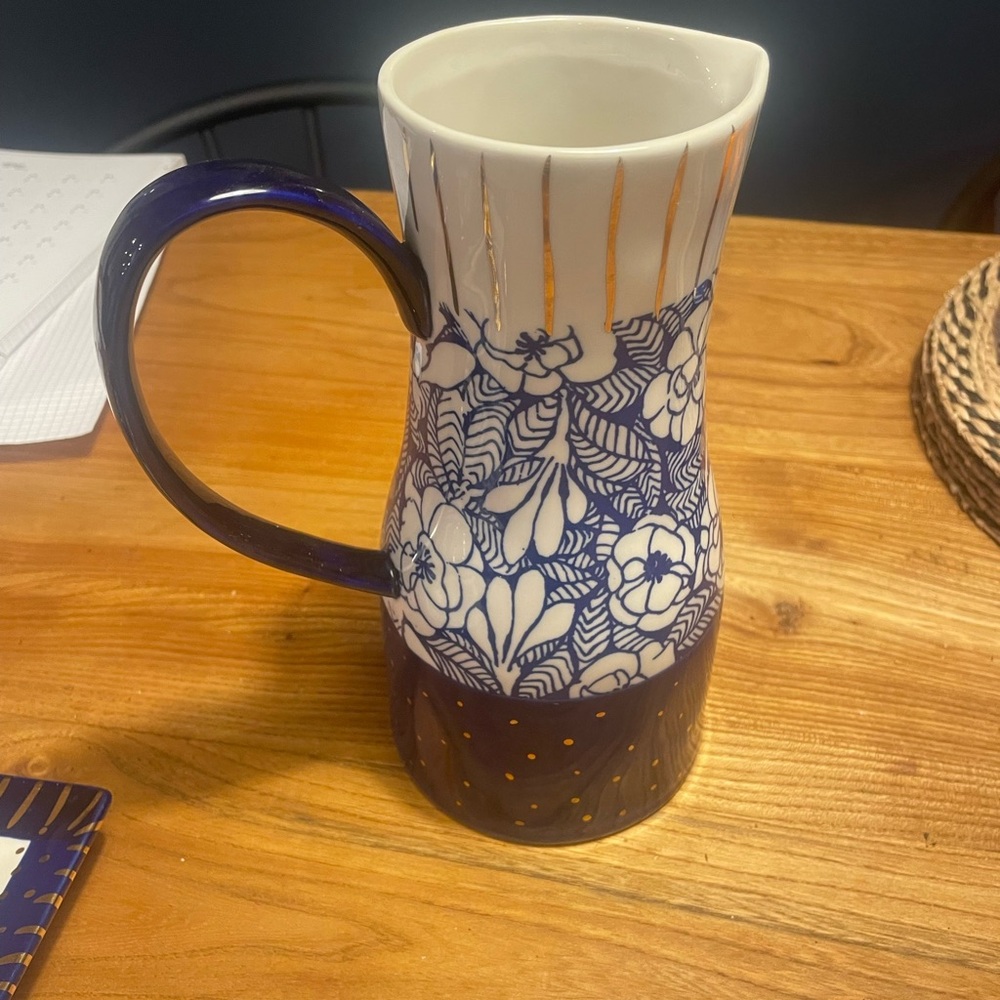 Anthropologie Carla Dinnage Blue and White Floral Ceramic Pitcher